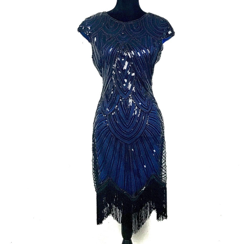 Black and Blue Sleeveless Fringe Dress